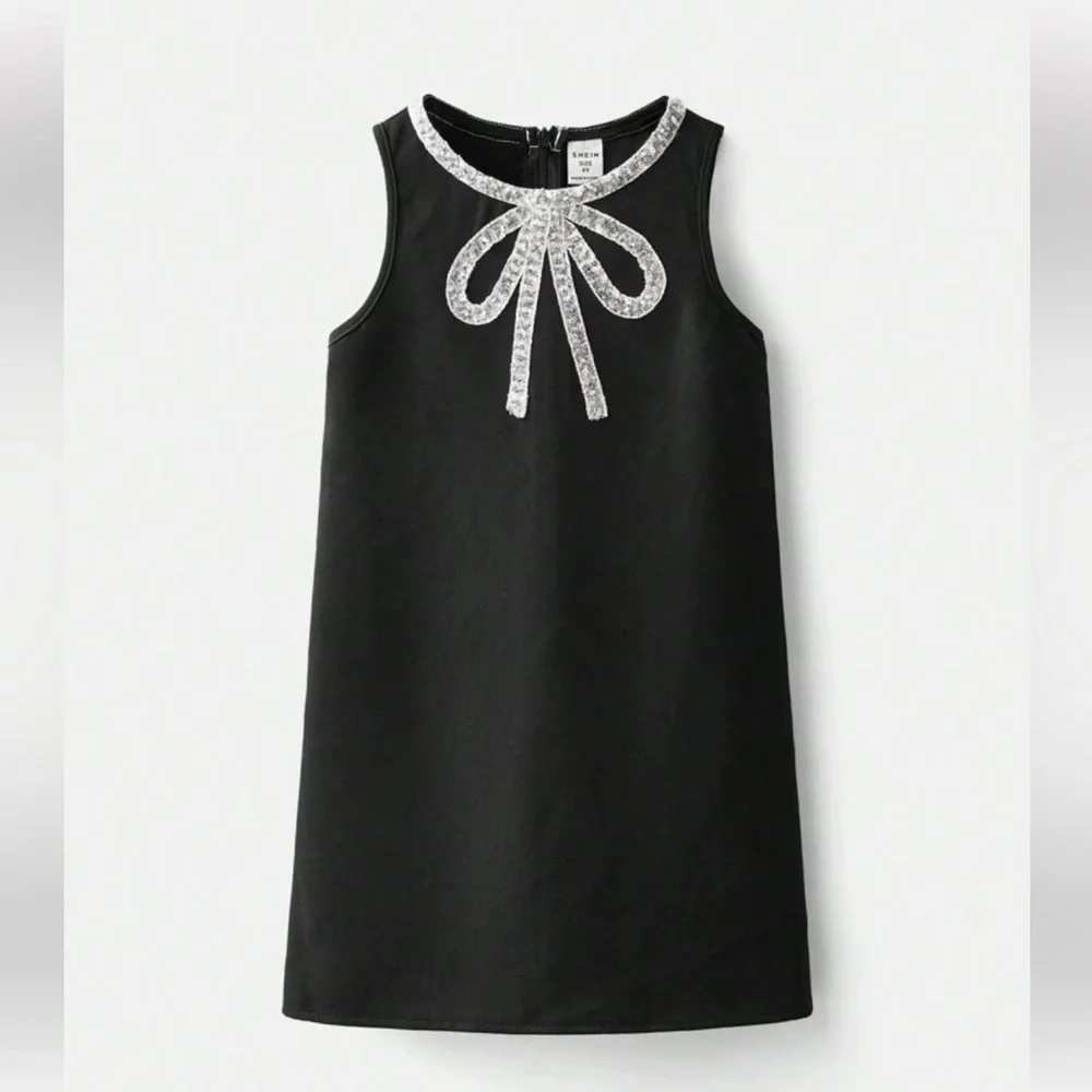 SHEIN Little Girl’s Black Silver Sequin Bow Neck Dress Size 6yr old - Picture 5 of 8